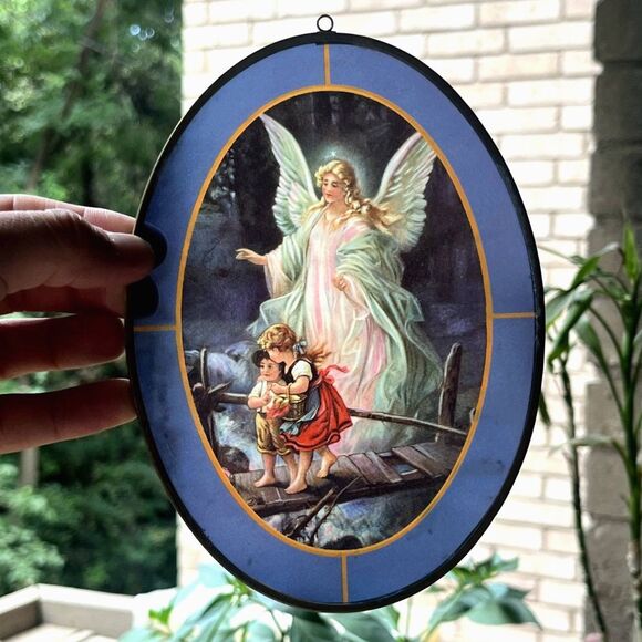 Glass Printed Guardian Angel Hanging Oval - Picture 1 of 6